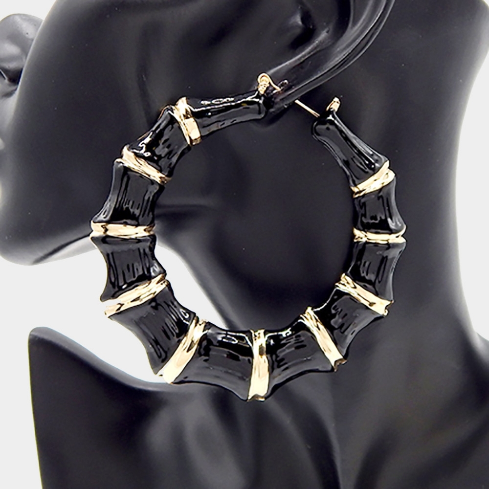 Black and Gold Bamboo Door Knocker Earrings Trendy